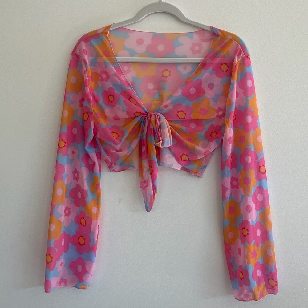 Floral  Sheer Tie-Front Crop Top - Pink Multi